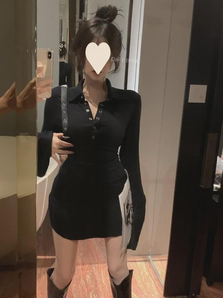 Women's Autumn Long Sleeve Polo Collar T-Shirt Dress - Sexy, Slim Fit Mini Skirt