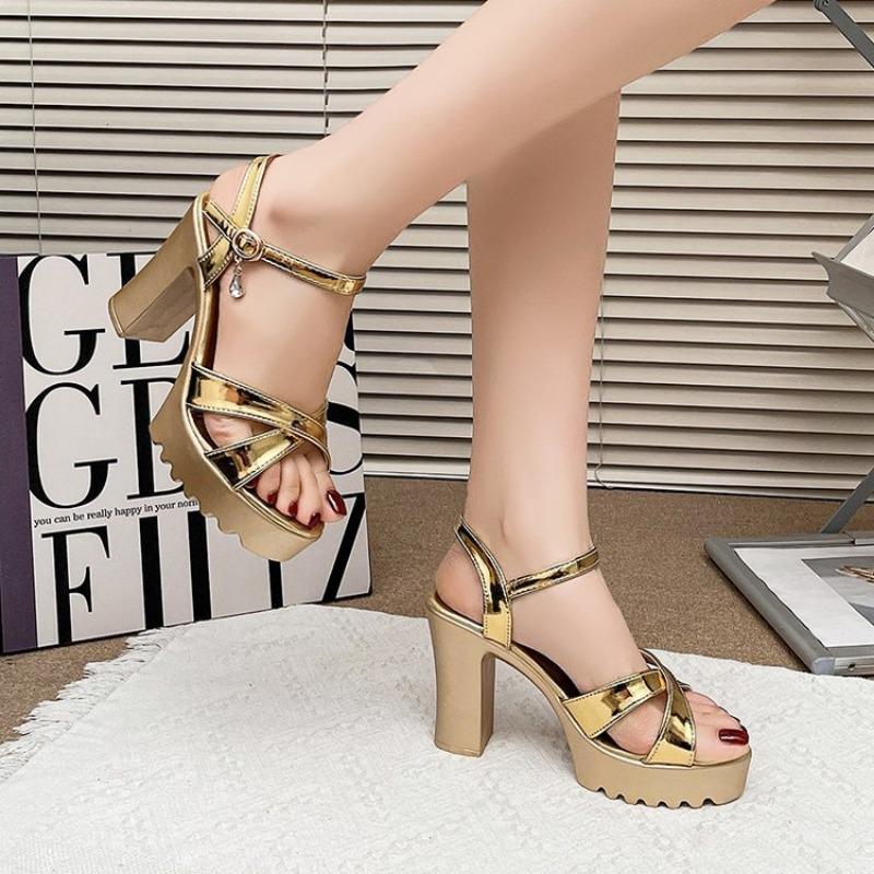 

Босоножки на высоком каблуке с ремешком на щиколотке, женские летние новые, на каблуке-рыбке, водонепроницаемой платформе, на толстом каблуке, женская обувь 40 золотой