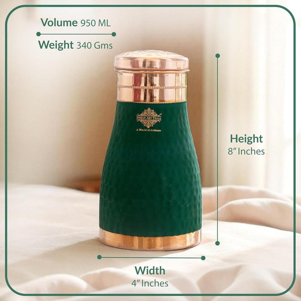Pure Copper Bedroom Water Bottle with Inbuilt Glass, Green Silk Finish Hammered Design, Drinkware & Storage Purpose - Volume 950 ML (Pack of 1)