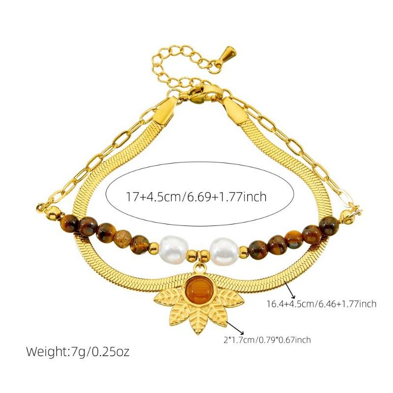 Gold Flower Pendant Tiger's Eye Beaded Herringbone Bracelet