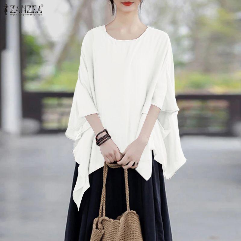 ZANZEA Women Casual Round Neck Summer Half Sleeve Irregular Hem Blouse