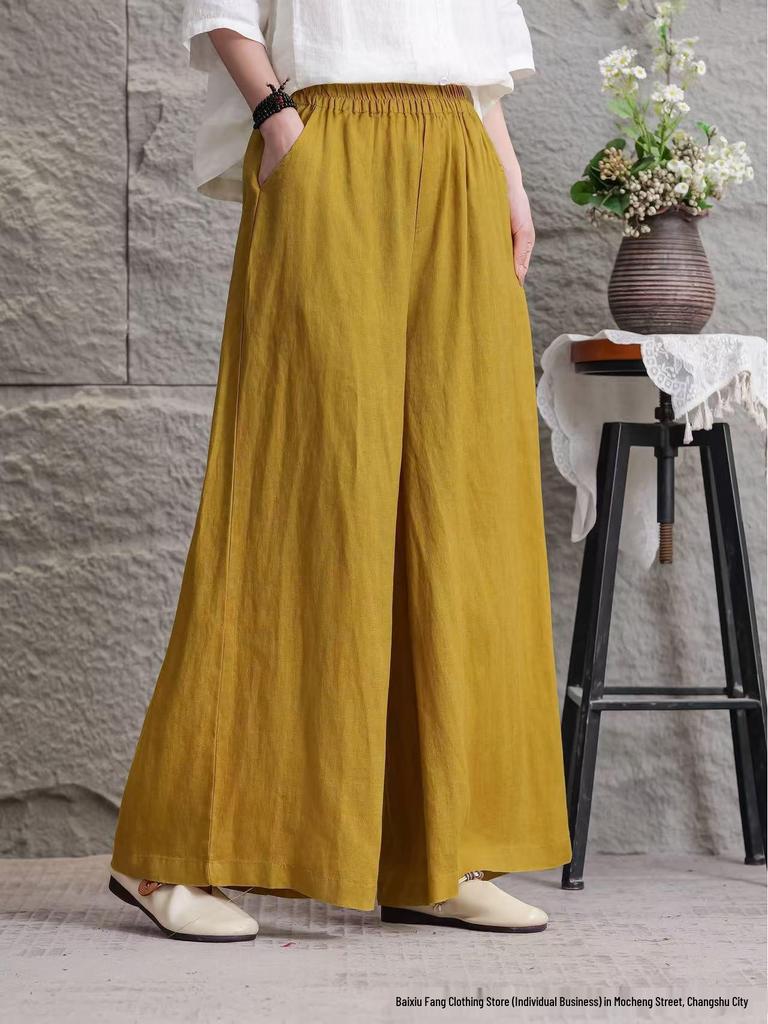 Women's 2026 Summer Linen Wide-Leg Pants: Solid Color, Loose Fit, Large Size, Casual Fashion