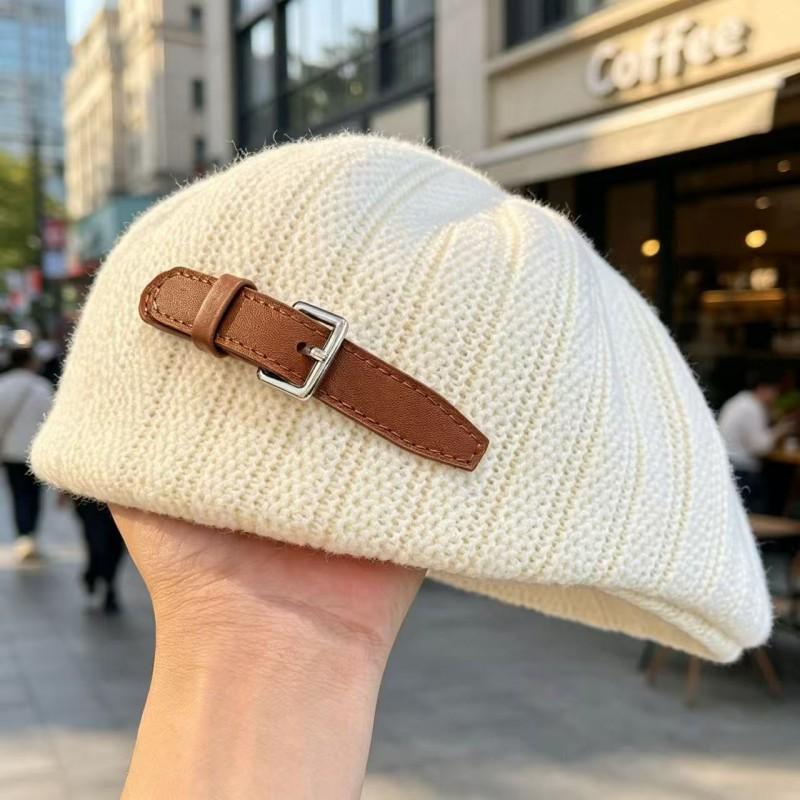 Vintage British Style Knit Beret Cap Women - Versatile Artistic Painter Hat With Belt Detail