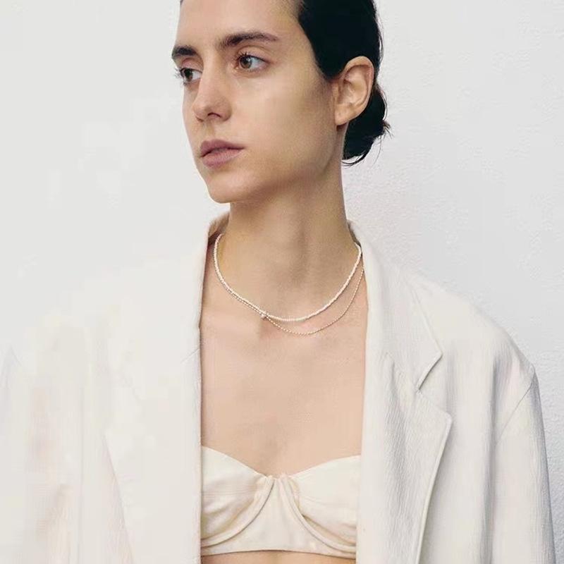 Natural Turquoise Copper-Plated Platinum Millet Beads Double-Layer Handmade Texture Collarbone Chain Simple Versatile Necklace Women