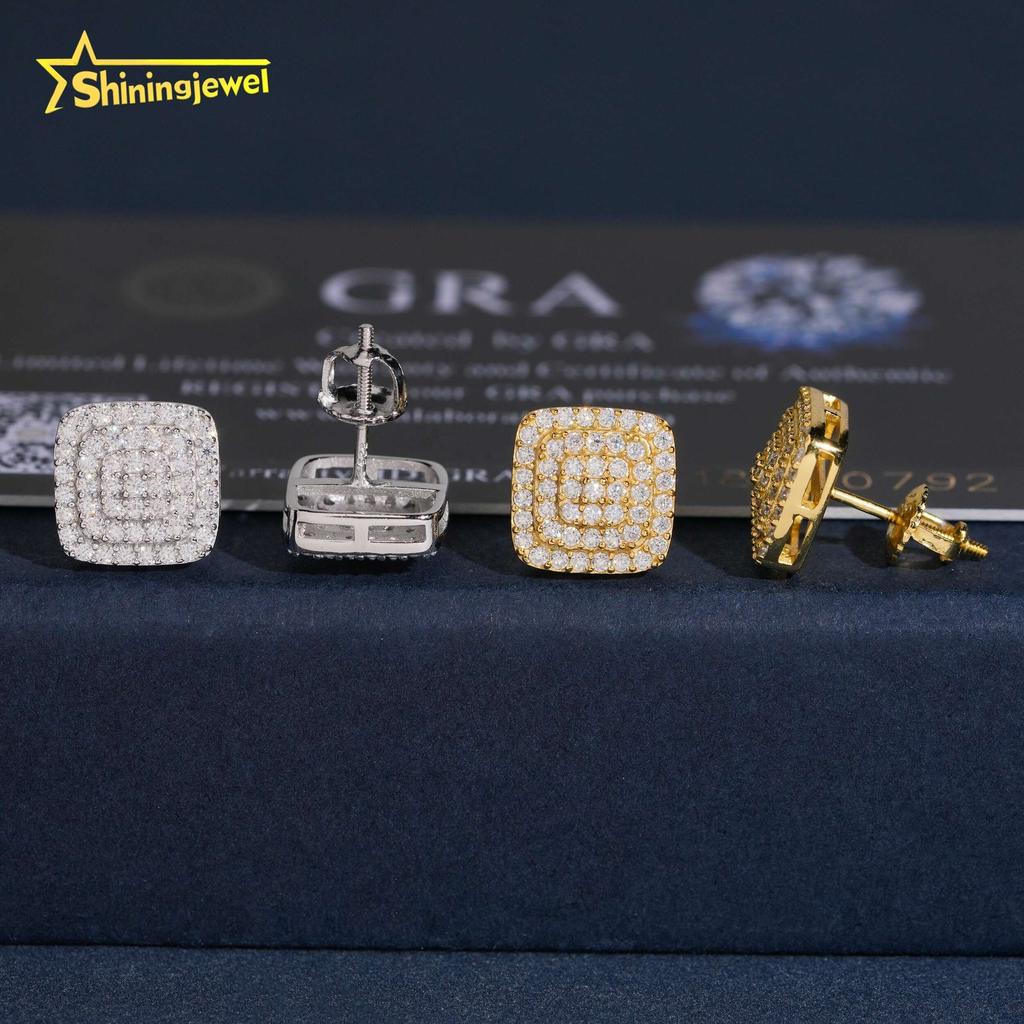 Fine Jewelry Hip Hop 925 Sterling Silver Iced Out Screw Back Square VVS Moissanite Men Earrings
