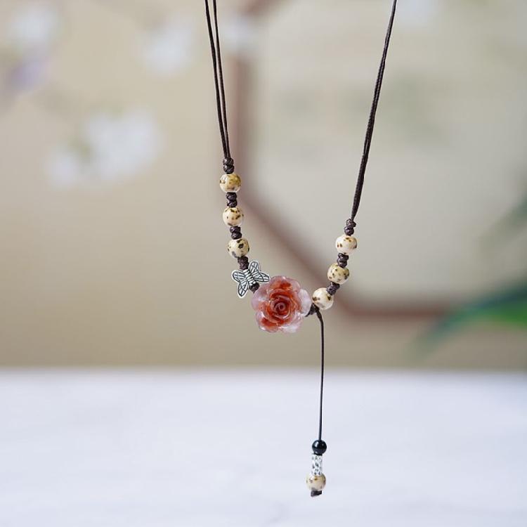 Retro Style Chinese Butterfly Clavicle Chain Adjustable Beaded Collar Chain Fashion Camellia Flower Ceramic Necklace