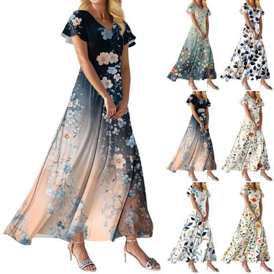 FashDamen Lockeres, lässiges Kleid mit V-Ausschnitt, kurzen Ärmeln und hoher Taille