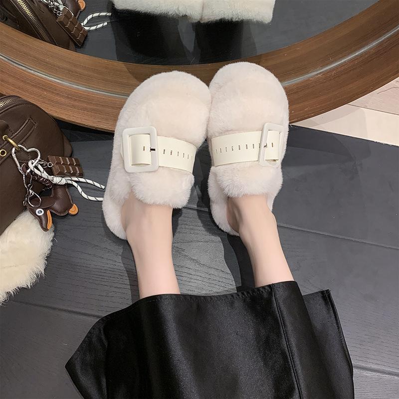 Thick-soled Fluffy Slippers for Women To Wear In Autumn and Winter 2025, New Muffin Half-slippers, High-end Cotton Slippers
