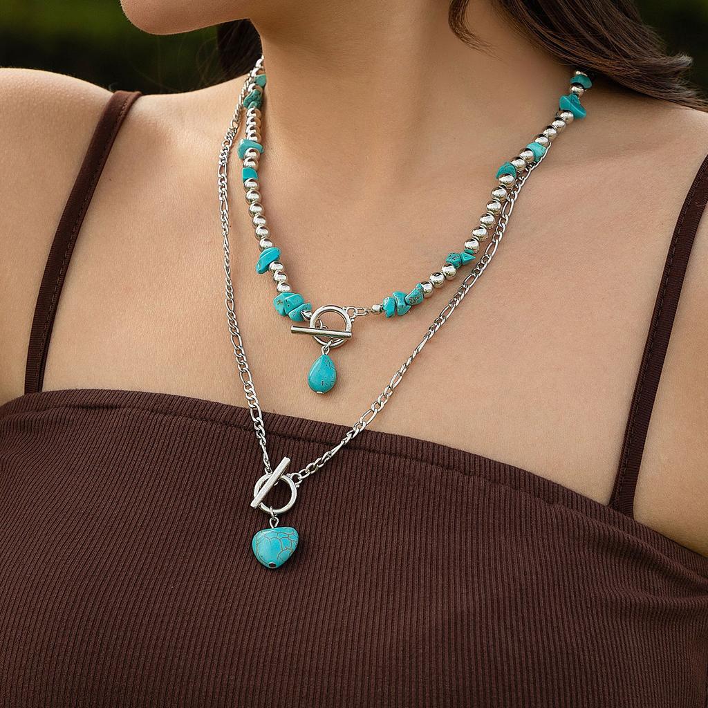 Turquoise Bead Fashion Necklace Set Adjustable Length Neckchain Trendy Clavicle Chain Collar Accessories for Women