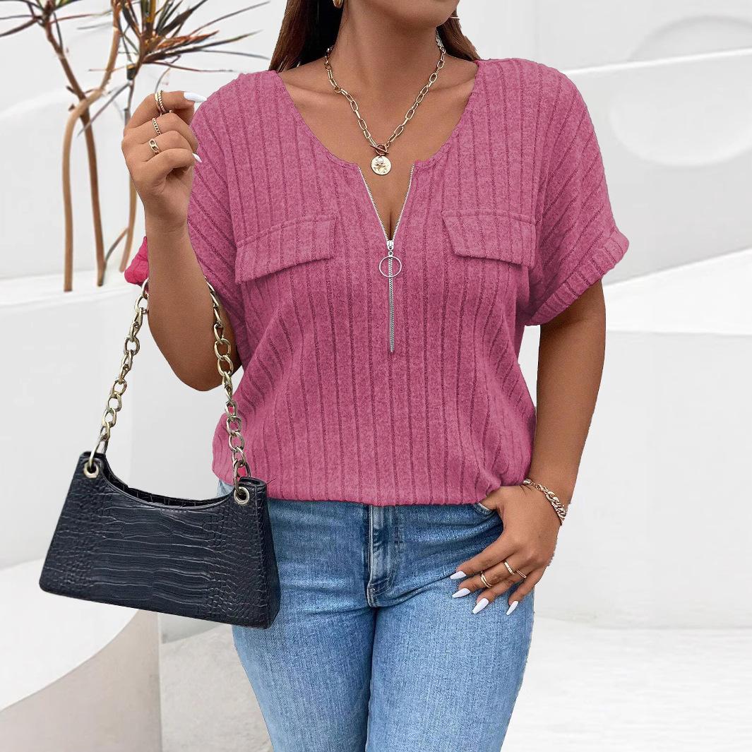 

Весна Лето Новая Однотонная Женская Футболка Пуловер с Коротким Рукавом на Молнии с Имитацией Карманов Свободная XL розы красного