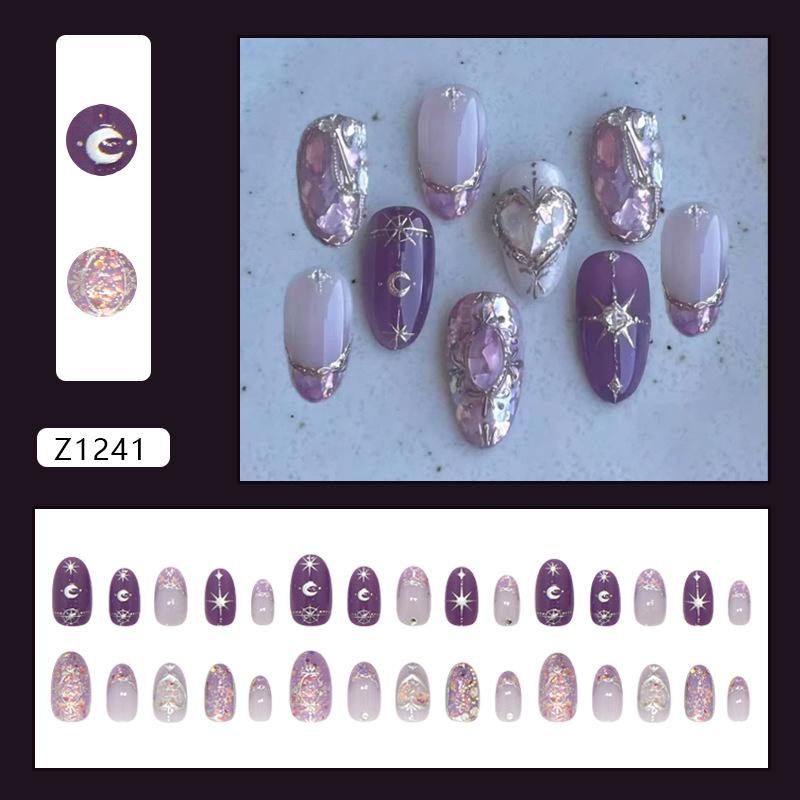 Z1241 Dream Star Moon Glue On Short Oval Nails Moon Geometric Sweet Super Sparkly European For Ladies Non Special Cosmetics