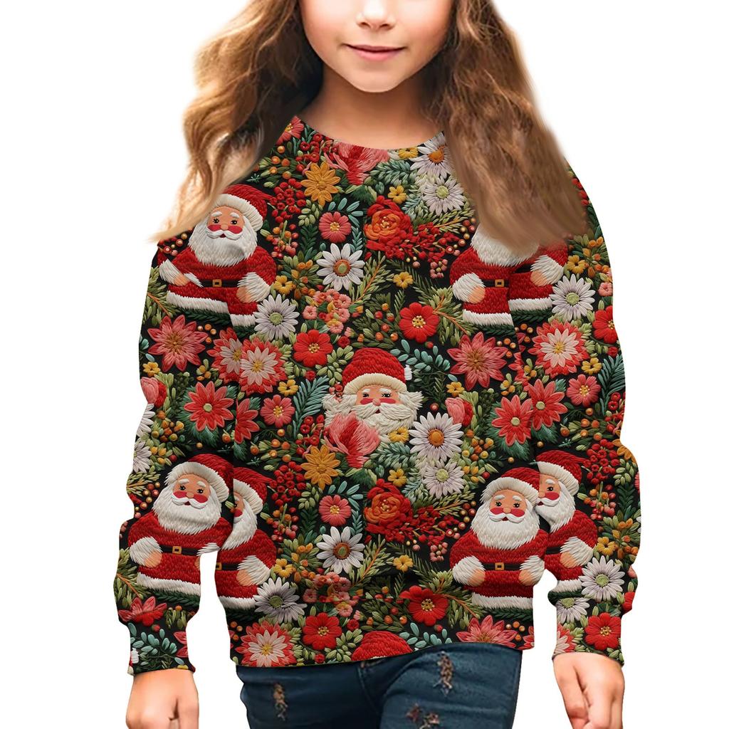 Girls Round Neck Pullovers For Kids Christmas Day Embroidery Printed Tops