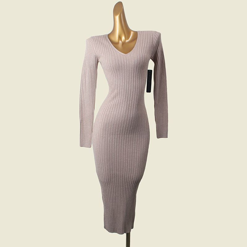 

American Card Accessible Luxury V Neck Gold and Silver Silk Bodycon Dress Foreign Trade Original Order Silm Sexy Knitting Dress Khaki 2XL