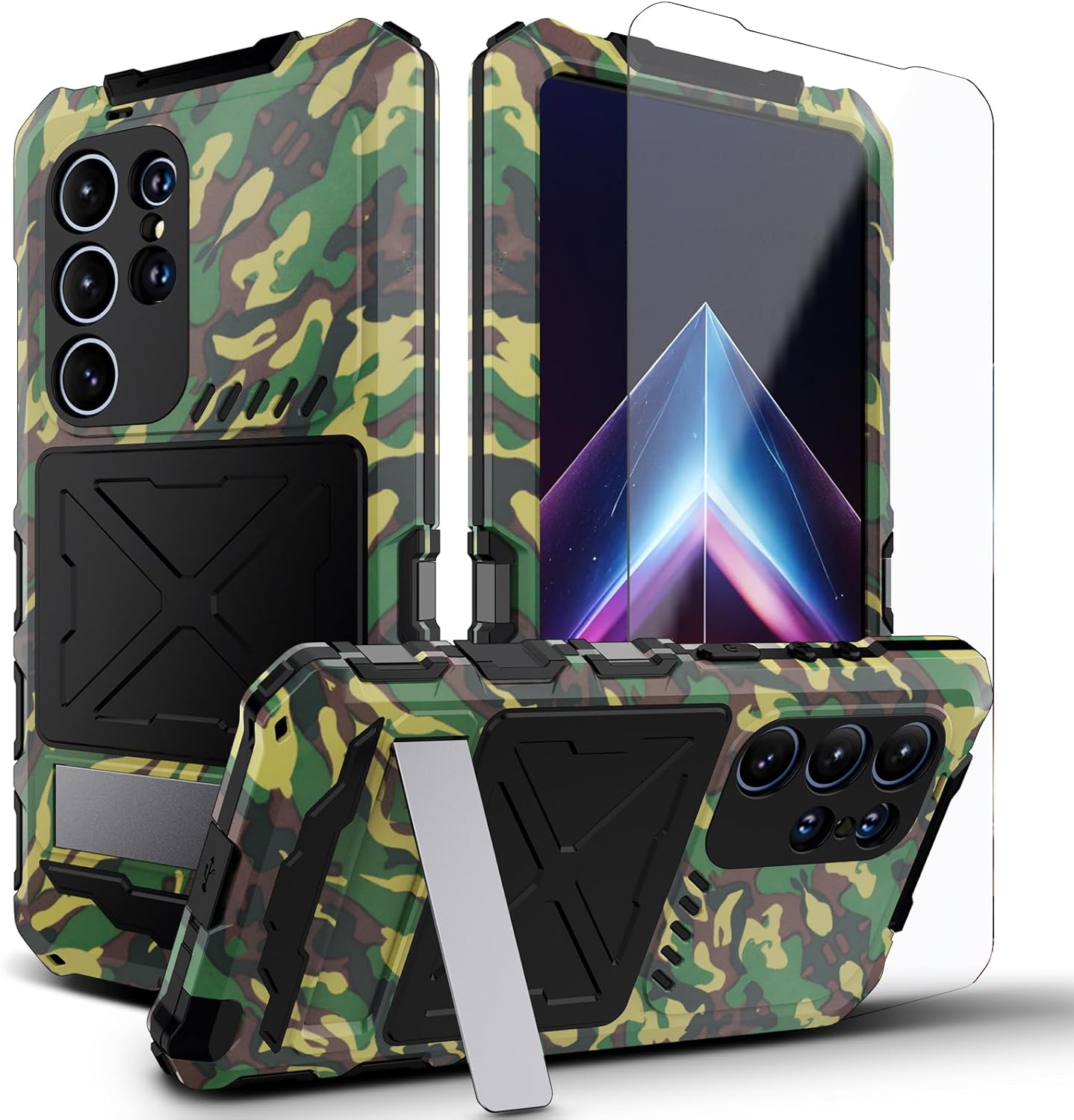 

Для Samsung S24 S23 Ultra 3-слойный гибридный алюминиевый бампер силиконовые чехлы для телефона защита экрана накладной бронированный чехол из тяжелого металла Aluminum&Case & Holder&for GalaxyS23Ultra(6.8 ) камуфляжный