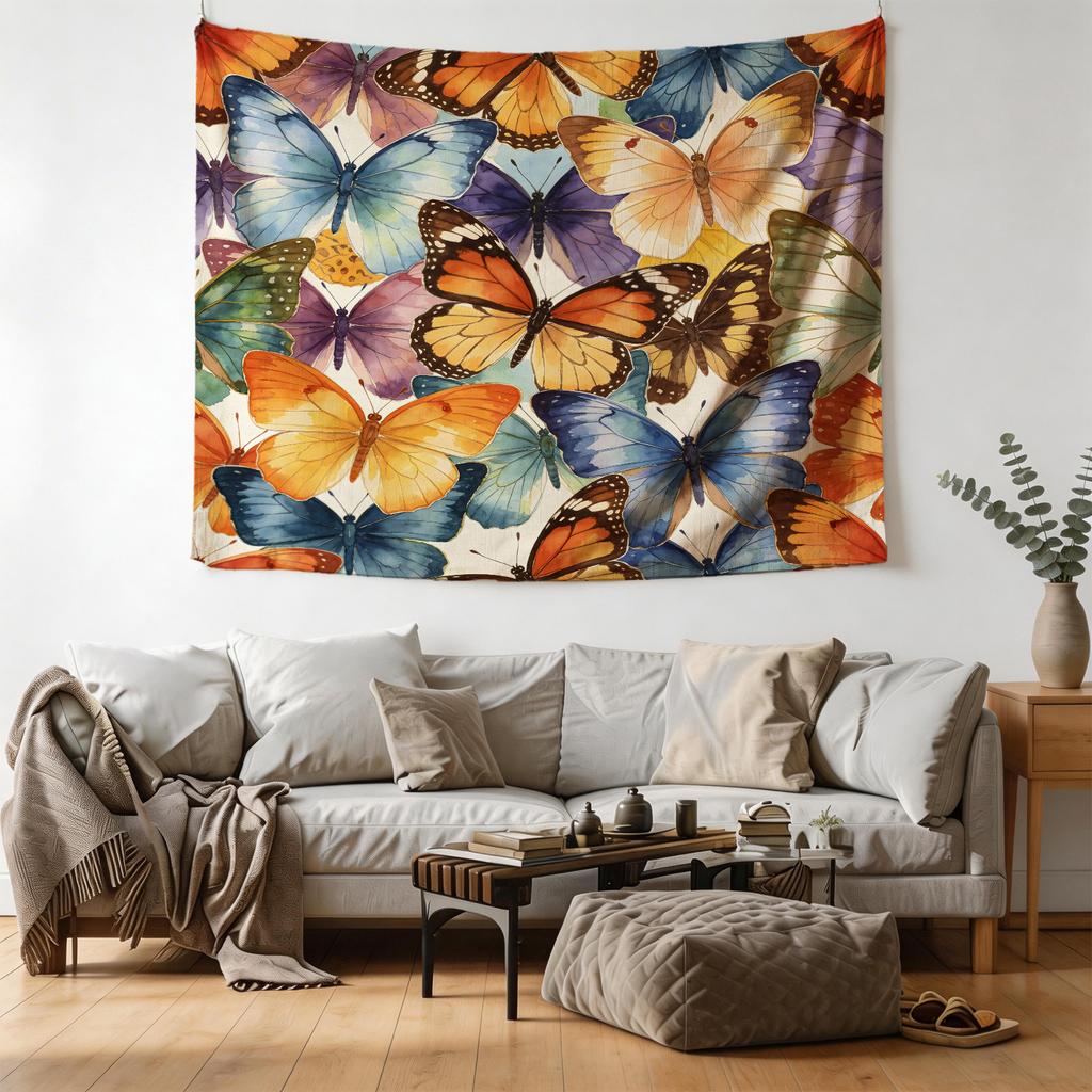 Watercolor Butterfly Print Tapestry, Bohemian Style Wall Hanging, Decorative Backdrop For Bedroom & Dorm, Room Makeover Gift