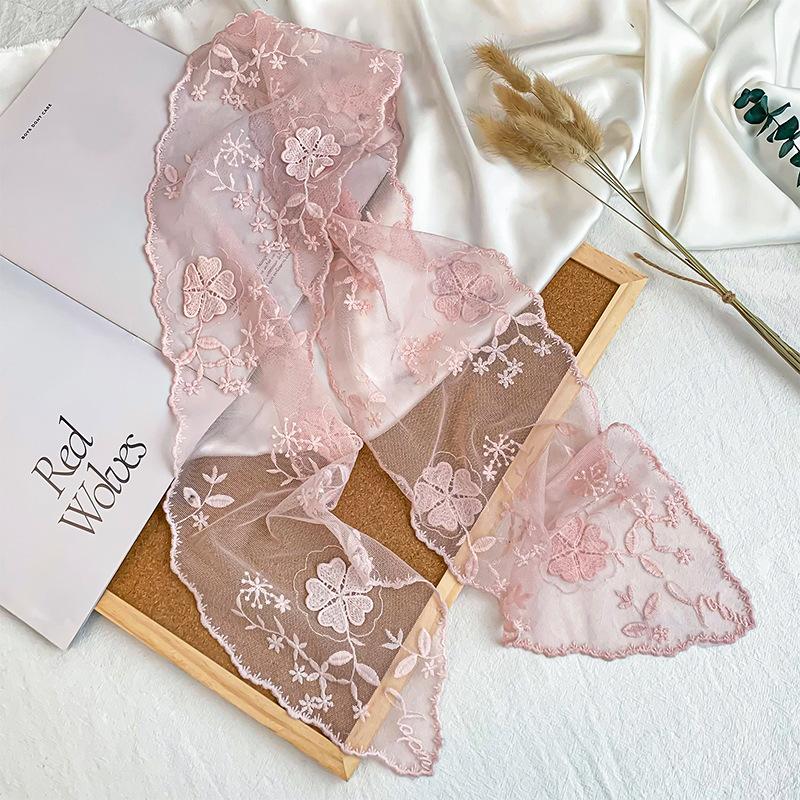 Super fairy retro lace long small silk scarf women's versatile thin small scarf headband streamer