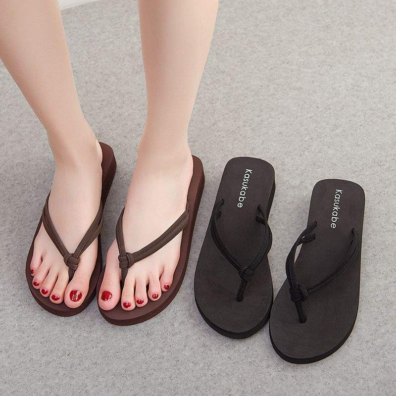 Thick-bottomed Slope Heel Mid-heel Flip-flops Women's Outdoor Wear Flat-heeled Slippers Double with Beach Mop Non-slip Cool Slippers