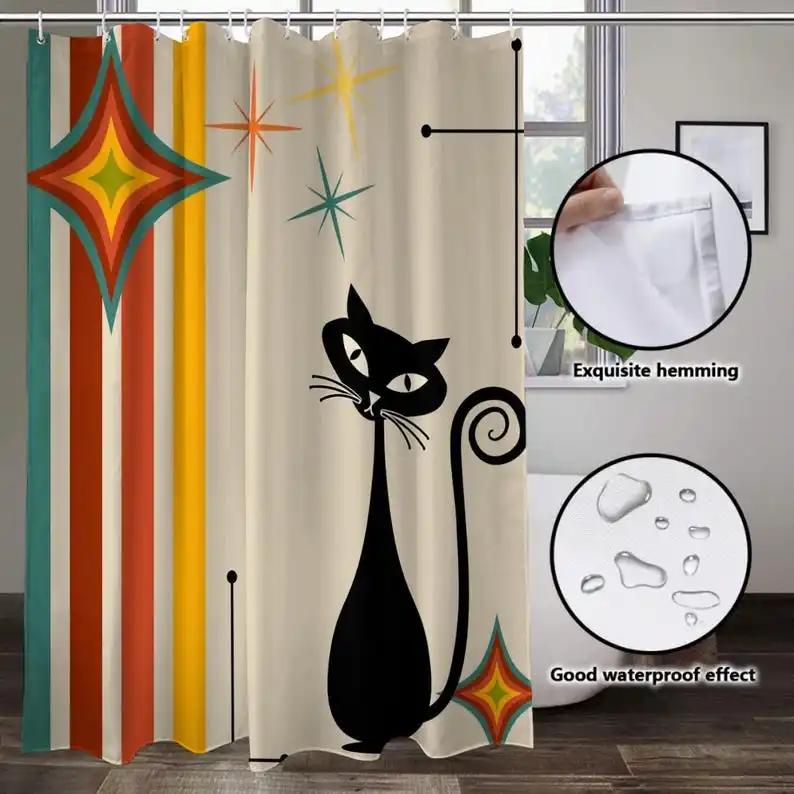 Atomic cat stripes and star shower curtain, retro, Mid Century Modern, MCM bathroom decor, kitschy, black cat lover