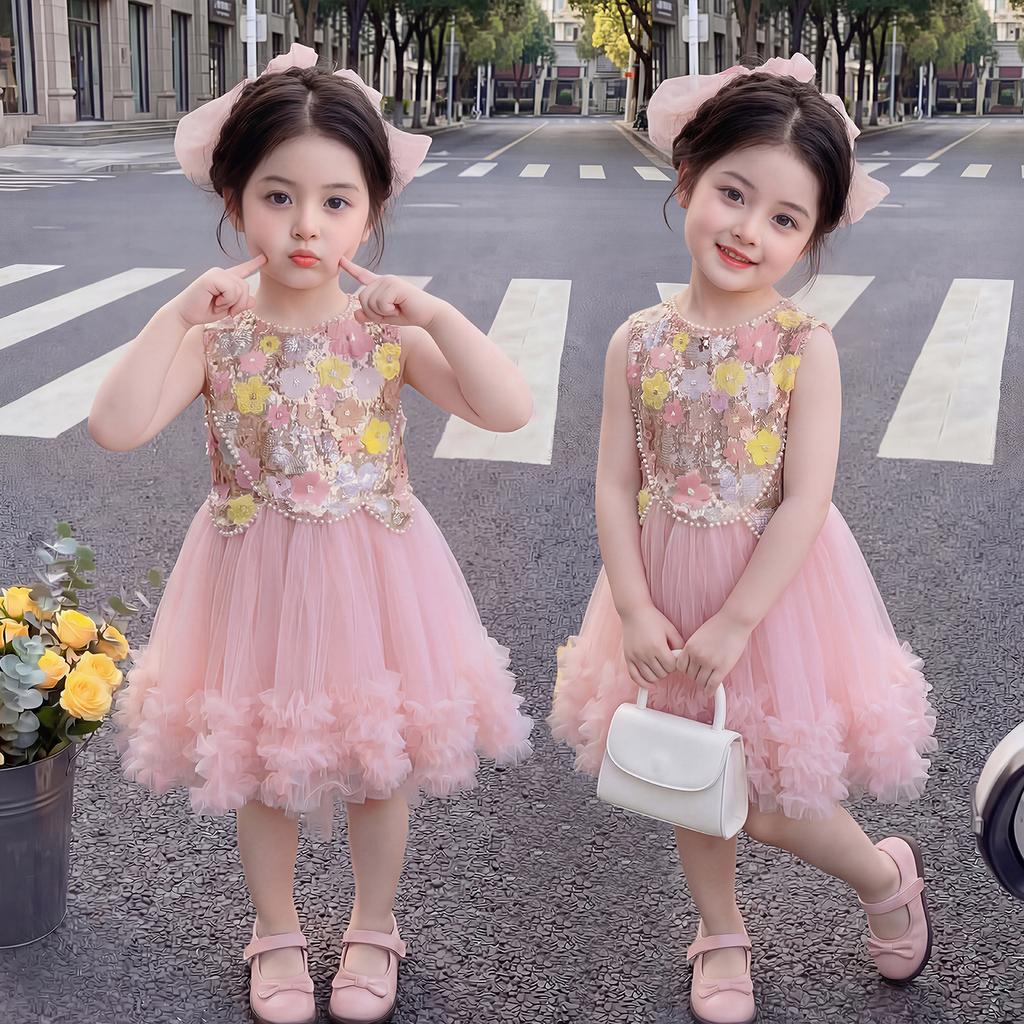 Girl's Pink Mesh Sleeveless Dress Summer Baby Girl Sweet Big Bow Dress Performance Princess Dress