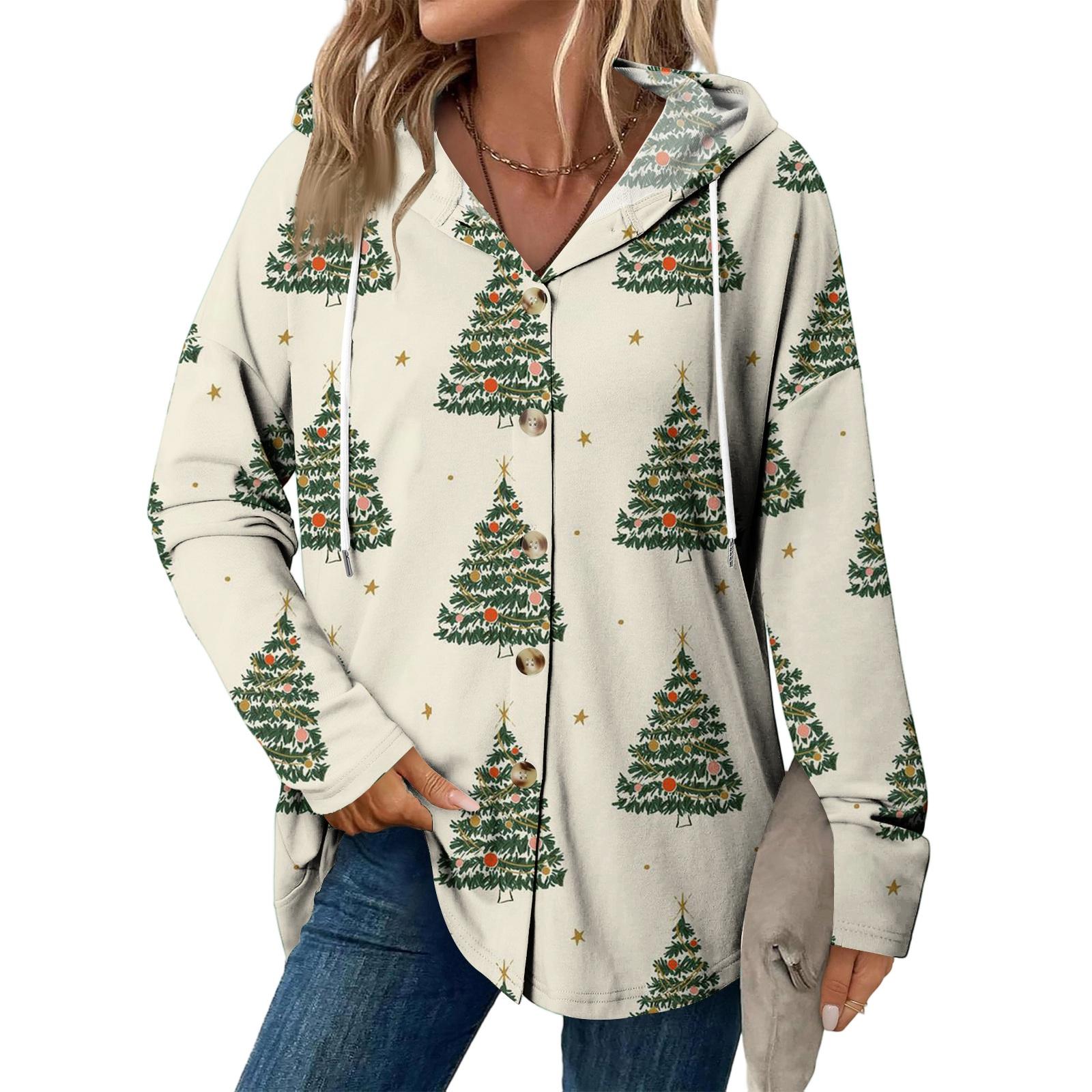 

Рождественская женская мода Повседневная куртка с длинным рукавом реглан на кулиске Винтажная куртка на пуговицах с капюшоном M зелёный