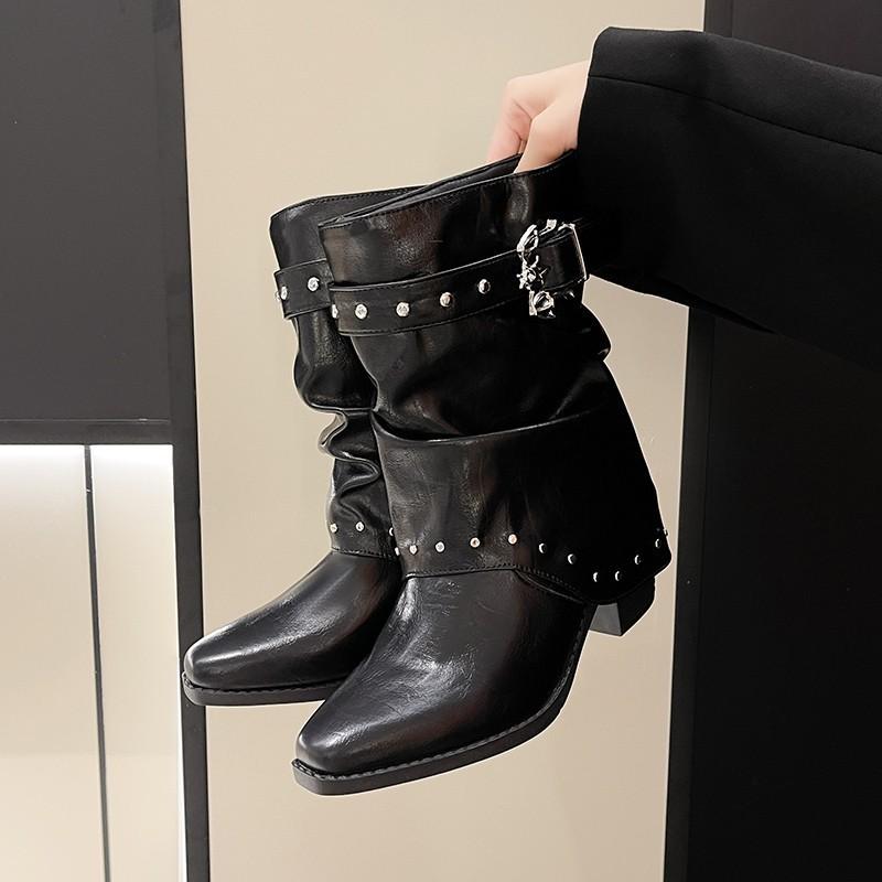 Korean version of rivet belt buckle medium heel short boots women's autumn new black cool stacking boots thin knight boots