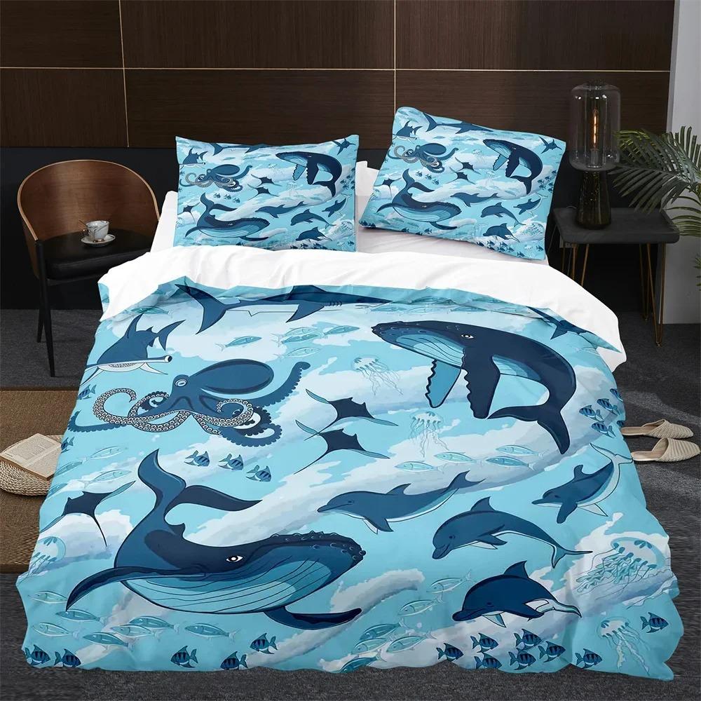 Cartoon Whale Duvet Cover King Queen Cute Ocean Animal Bedding Set for Kids Teens Adults Wildlife 2/3pcs Polyester Quilt Cover