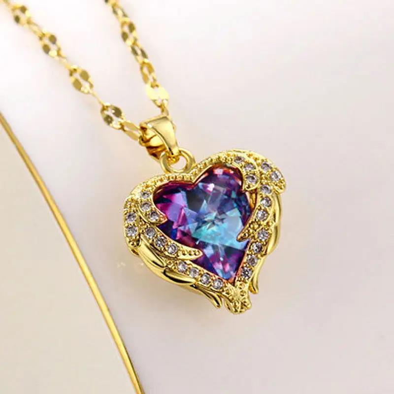 Luxury Colorful Crystal Ocean Heart Pendant Necklace For Women Korean Fashion Stainless Steel Neck Chain Female Wedding Jewelry