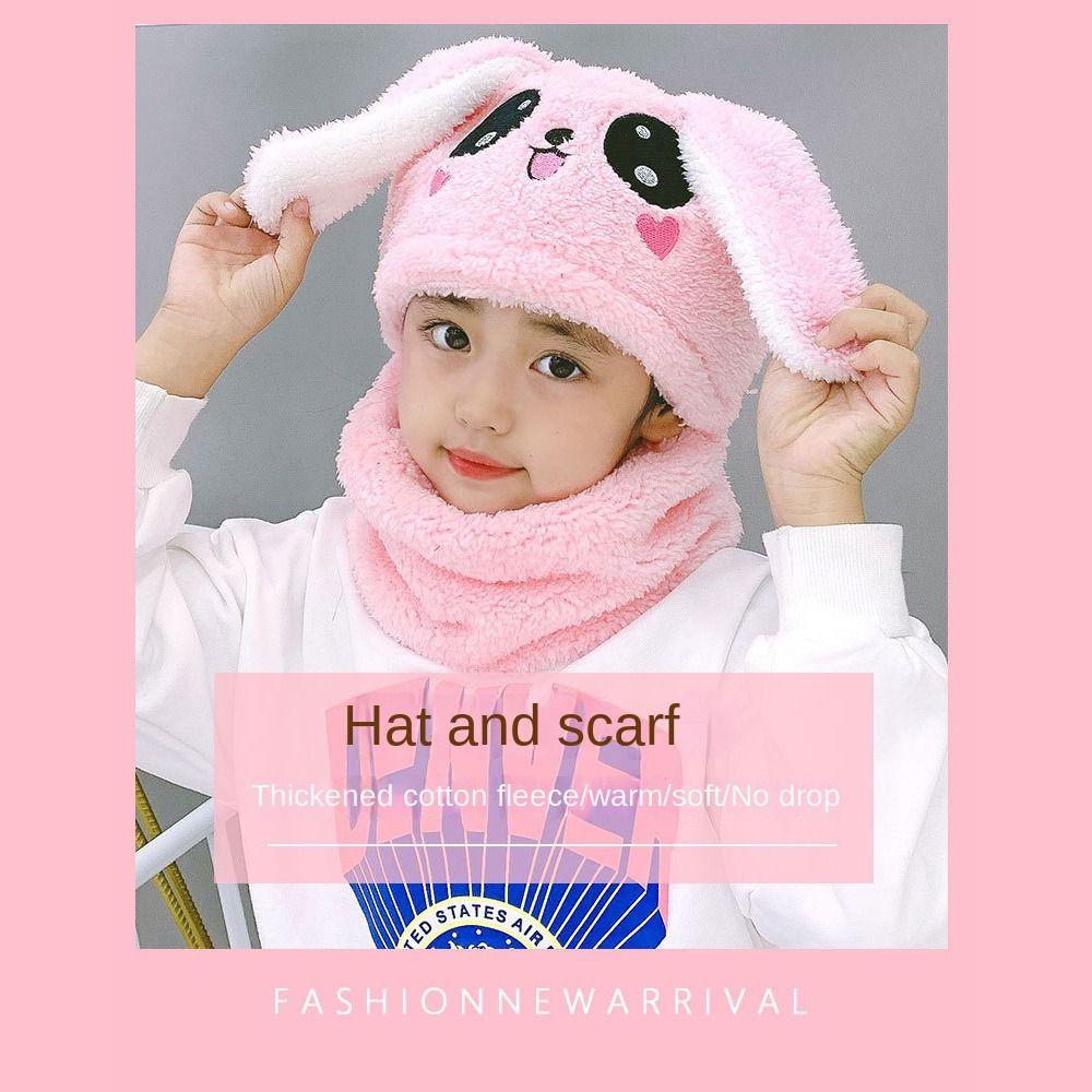 Double Fleece Coral Velvet Cap Cartoon Rabbit Scarf Thicken Cap Winter Kids Caps Children