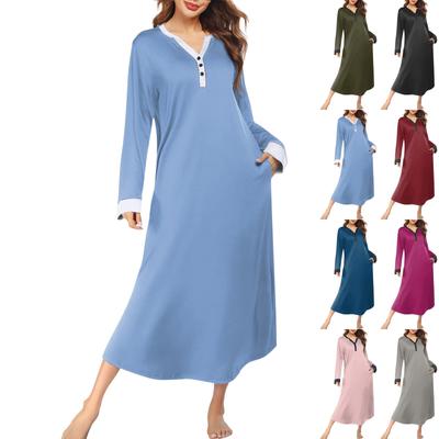 Damen Nachthemd Langer Hausmantel V-Ausschnitt Pyjamakleid Mit Taschen