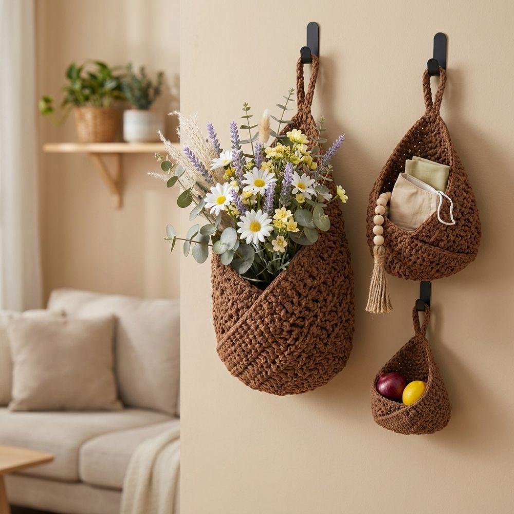 3PCS/SET Hand Woven Fruit Vegetables Basket Cotton Rope Wall Mounted Kitchen Storage Basket Breathable Mesh Pocket Fruit Net Bag