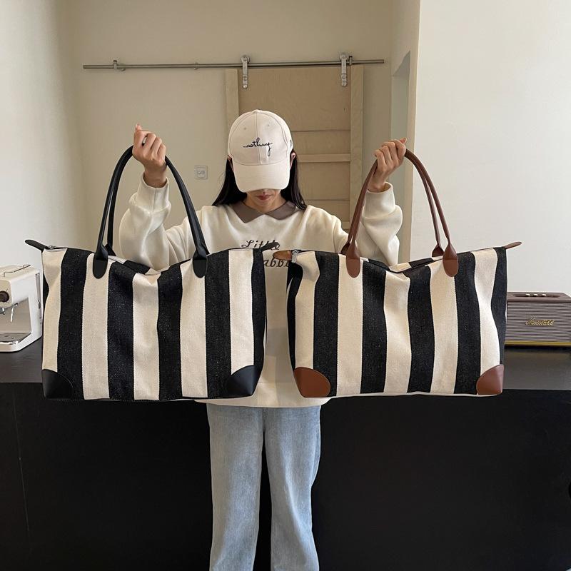 Schoolbag Unisex Dark Brown Travel Bag Large Capacity High-End Striped Fitness Bag Business Travel Accommodation Storage Luggage Simple Niche Shoulder Bag
