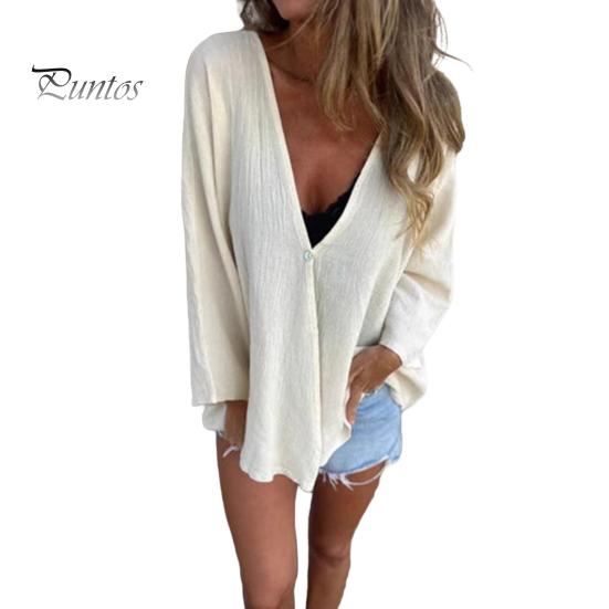 

Женская рубашка с V-образным вырезом, декорированная пуговицами, однотонная свободная рубашка, топы, повседневная блузка, повседневная одежда для вечеринок, свиданий, путешествий S белый