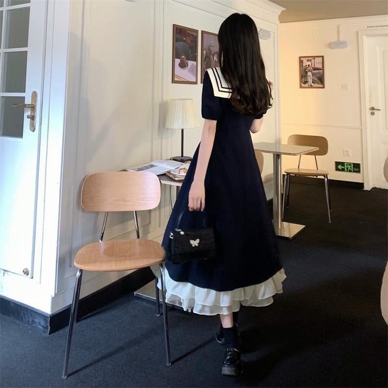 Large size college style embroidered short-sleeved dress is thin, covering the belly and slightly fat MM summer sailor suit waist a-word skirt