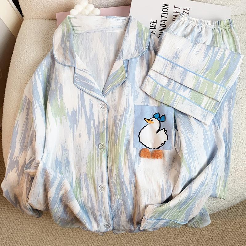 Pyjama Damen Frühling und Herbst Ente Neu Herbst Wolkenbaumwolle Langarm Hose Student Loungewear Set Echte Aufnahme