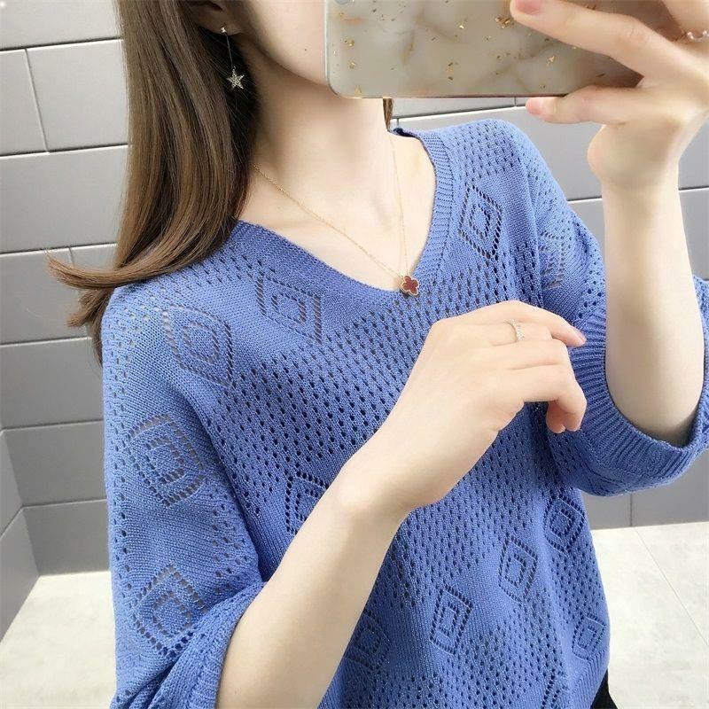 Spring and Summer V-neck Hollow Out Knitted Sweater for Women Loose Korean Version Bat Top for Women