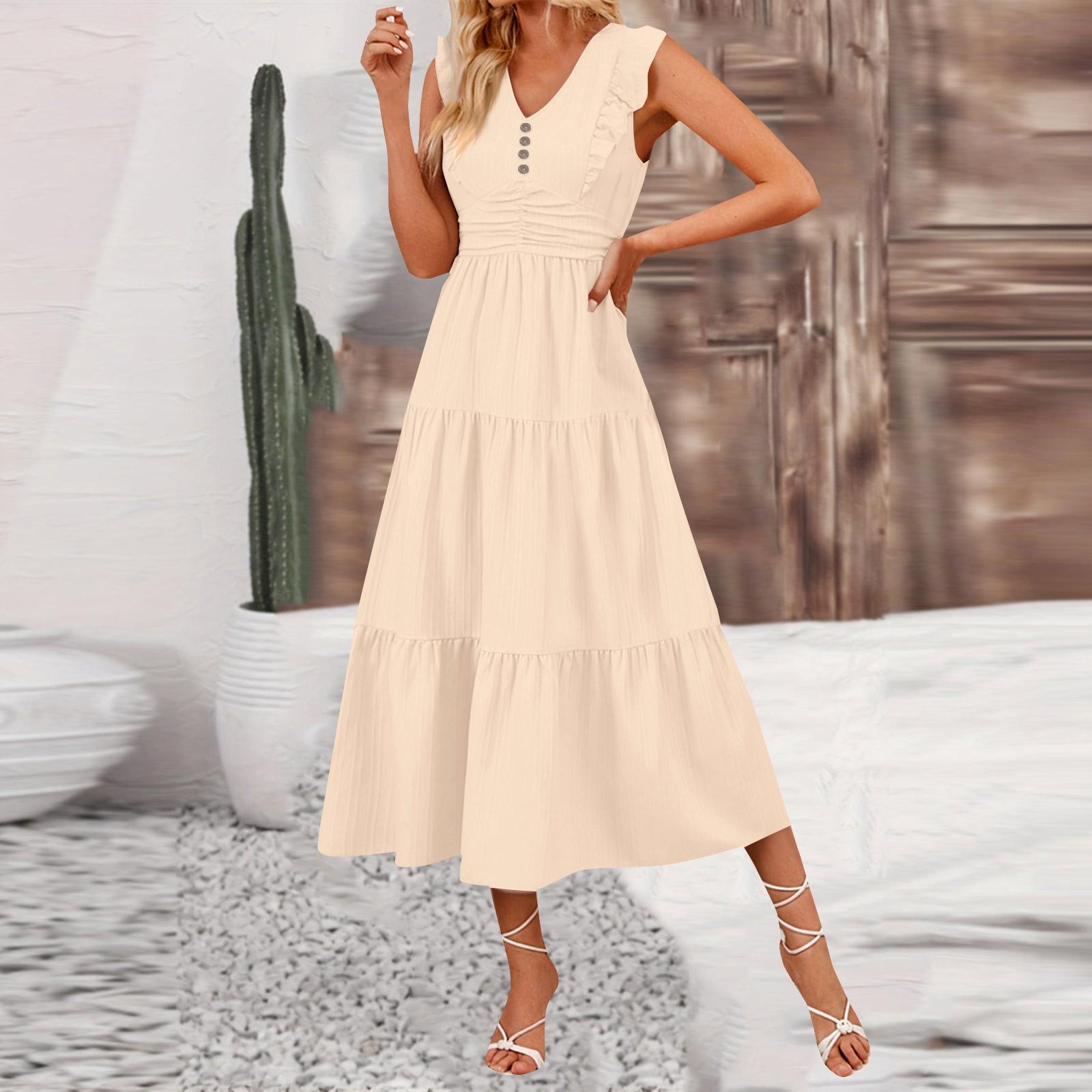 

Женская мода сплошной цвет без рукавов повседневные тонкие длинные платья L бежевый