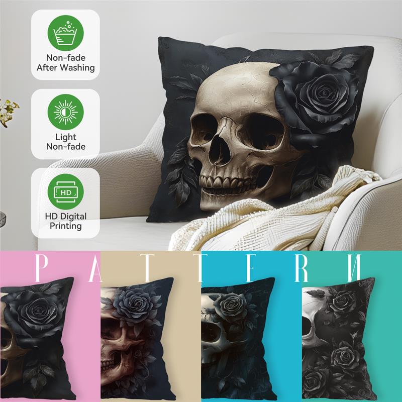 Tinika Chen Unisex Halloween Skeleton Rose Cushion Pillowcase Printed Polyester 45X45cm Throw Pillowcover Decorative Sofa Cushion Pillowslip Decor