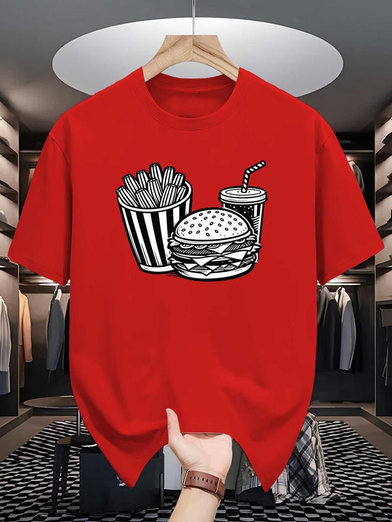 Unisex Cotton Tee Burger Fries Soda Fast Food Graphic Print Loose Breathable Summer Crew Neck Casual Street T Shirt Unisex Daily Wear