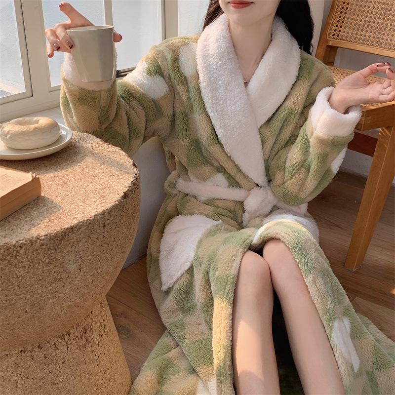 Autumn/Winter Women's Coral Fleece Bathrobe: V-neck, Belted, Long Sleeves, Mid-length, Sweet Style, Warm Homewear.
