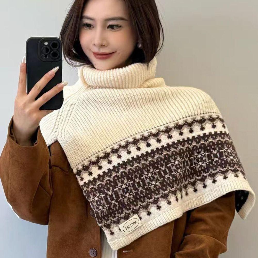 Pullover Fair Isle Style Knitted Shawl Thicken Neck Wraps Simple Jacquard Scarf  Women