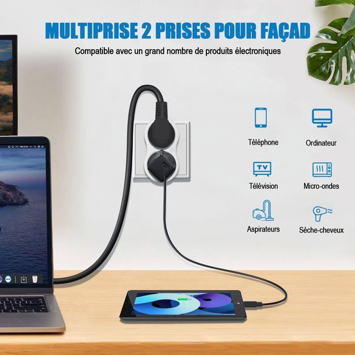 Multiprise 2 Prises Pour Façade,Prises De Courant Avec Sécurité Enfant Intégrée,Idéal Pour Chambre Bureau Domicile,16A,230V,Bl