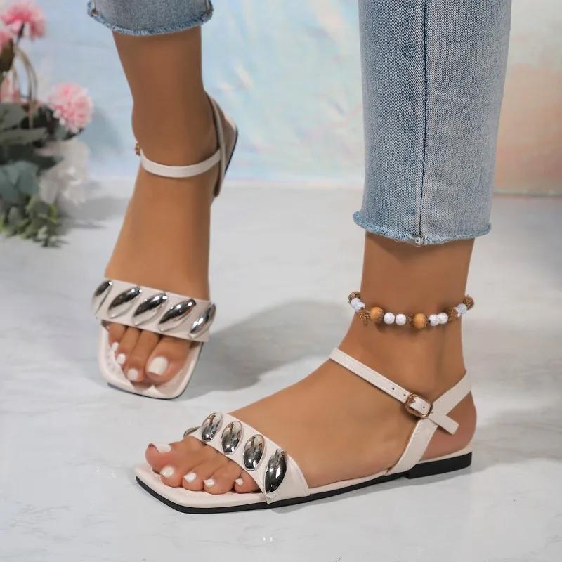 2025 Brand Ladies Shoes Buckle Strap Women's Sandals Metal Decoration New Open Toe Plus Size Comfortable Flat Sandals