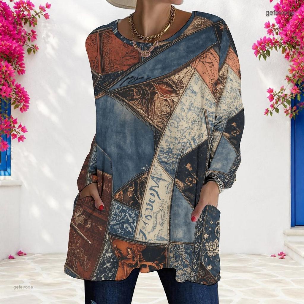 Women Plus Size Round Neck Printed Long Sleeve T Shirt Blue Brown Loose Fit Longline With Pockets