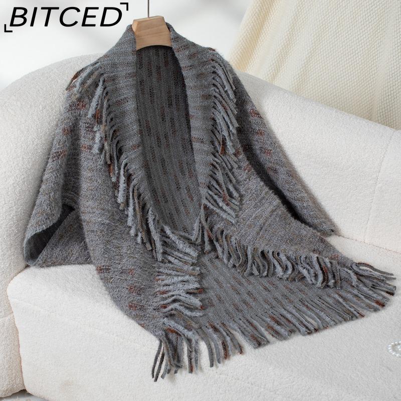 BITCED Colorful Plaid Knit Fringe Shawl Women's Fall/Winter Casual Oversized Sweater Cape