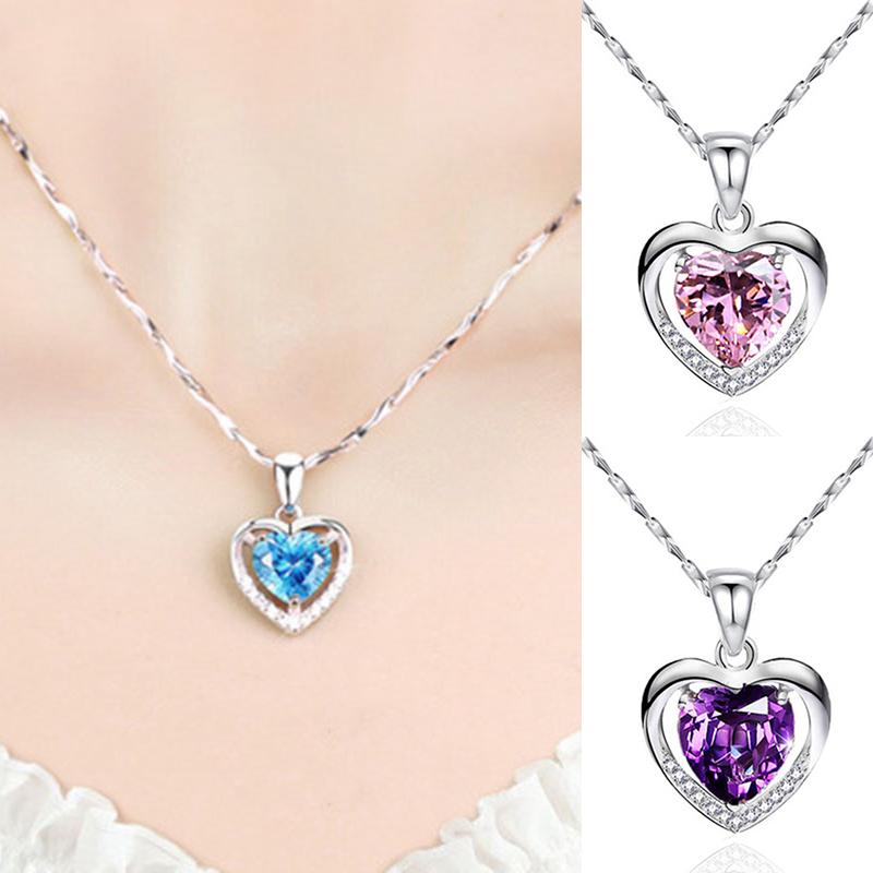 

925 Sterling New UK Silver Heart Womens Jewellery Crystal Pendant Chain Necklace