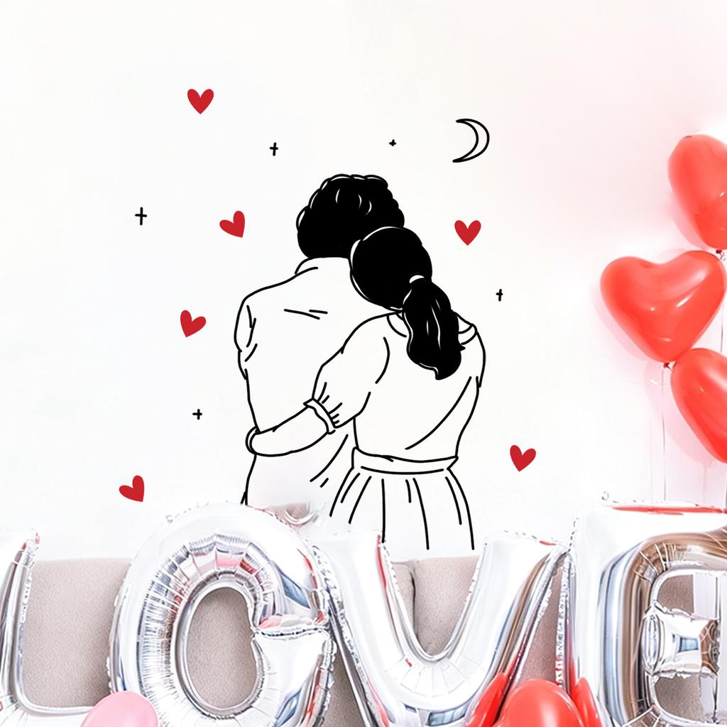 Cartoon Couple Embrace Background Heart-Shaped Living Room Bedroom Home Decor Wall Decoration Self-Adhesive Wall Sticker