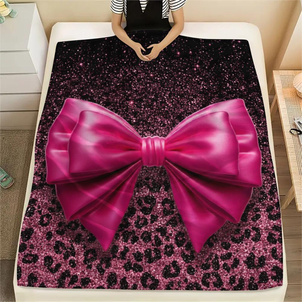 1Pc Pink&Black Bow Print Flannel Blanket, High quality Comfortable for All Seasons, Home Decor, Warmth and Comfort, Perfect for Christmas Gifts W28