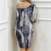 Women Plus Size Asymmetric Cold Shoulder Long Sleeve Brown Gold Vintage Damask Print Irregular Wrap Bodycon Midi Dress