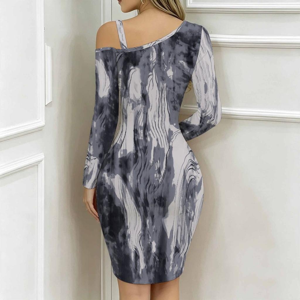 Women Plus Size Asymmetric Cold Shoulder Long Sleeve Brown Gold Vintage Damask Print Irregular Wrap Bodycon Midi Dress