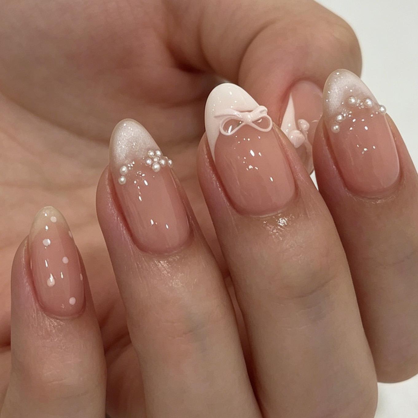 24 Nail Art Gentle And Sweet French Bow Pearl Temperament Long Almond Wear Nail Art Jelly glue + rubbing strips